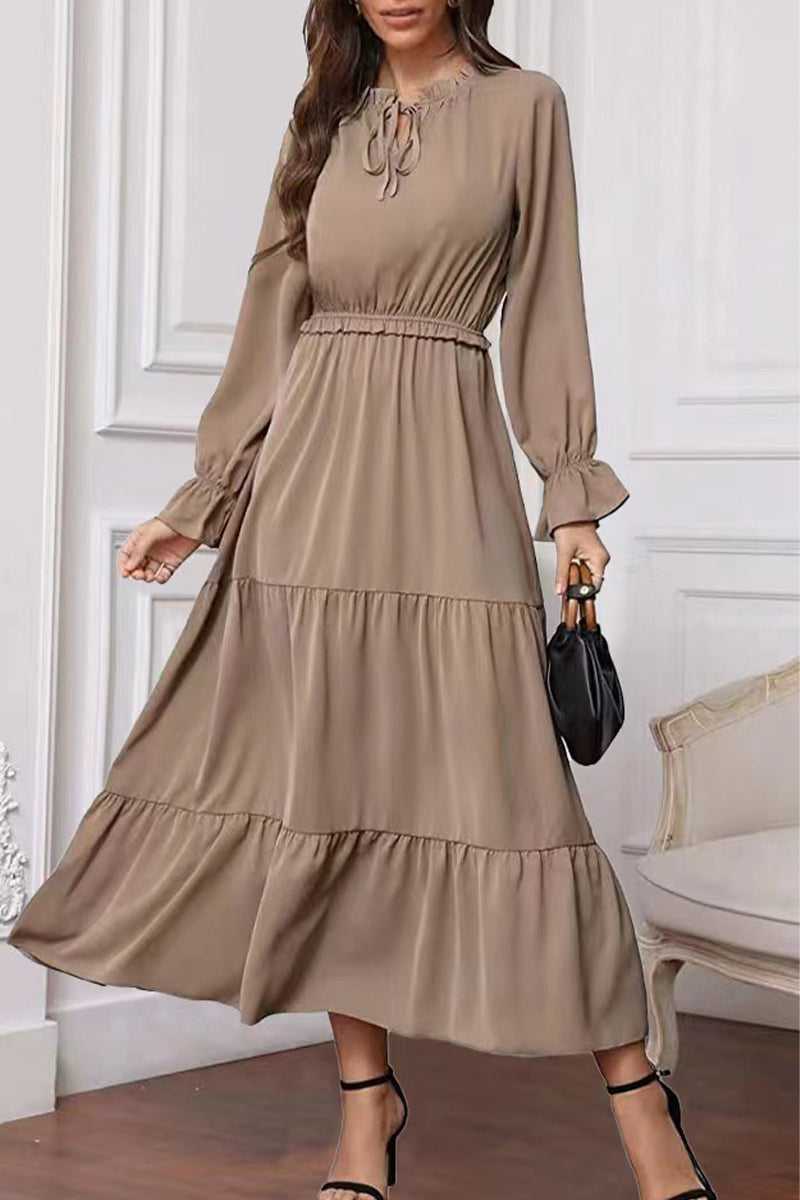 Kaynafashions - Fashion Elegant Solid Frenulum Lotus Leaf Collar Long Dress Dresses(8 colors)