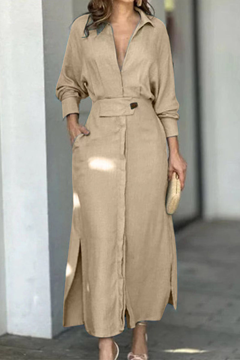 Kaynafashions - Casual Solid Patchwork Turndown Collar Shirt Dress Dresses