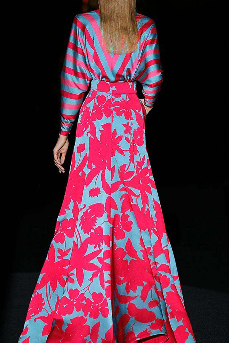 Kaynafashions - Casual Print Patchwork V Neck Cake Skirt Dresses