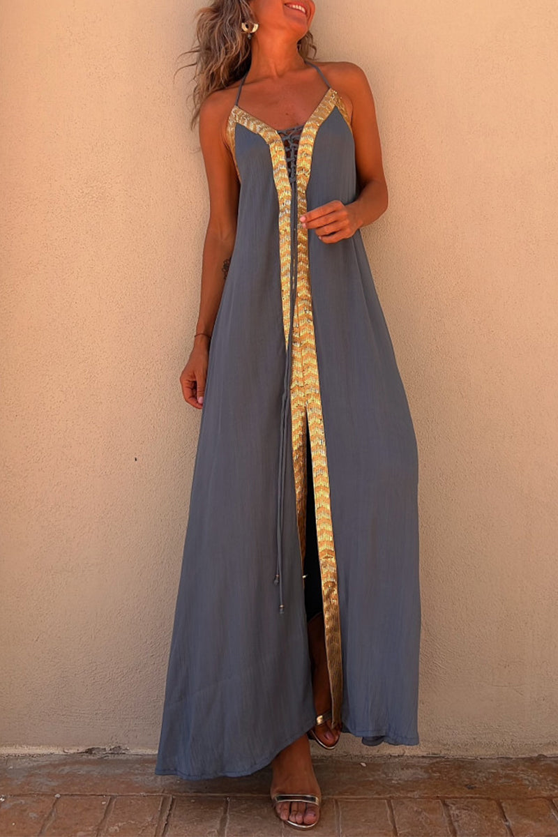 Kaynafashions - Sexy Casual Patchwork Frenulum V Neck Sling Dress Dresses