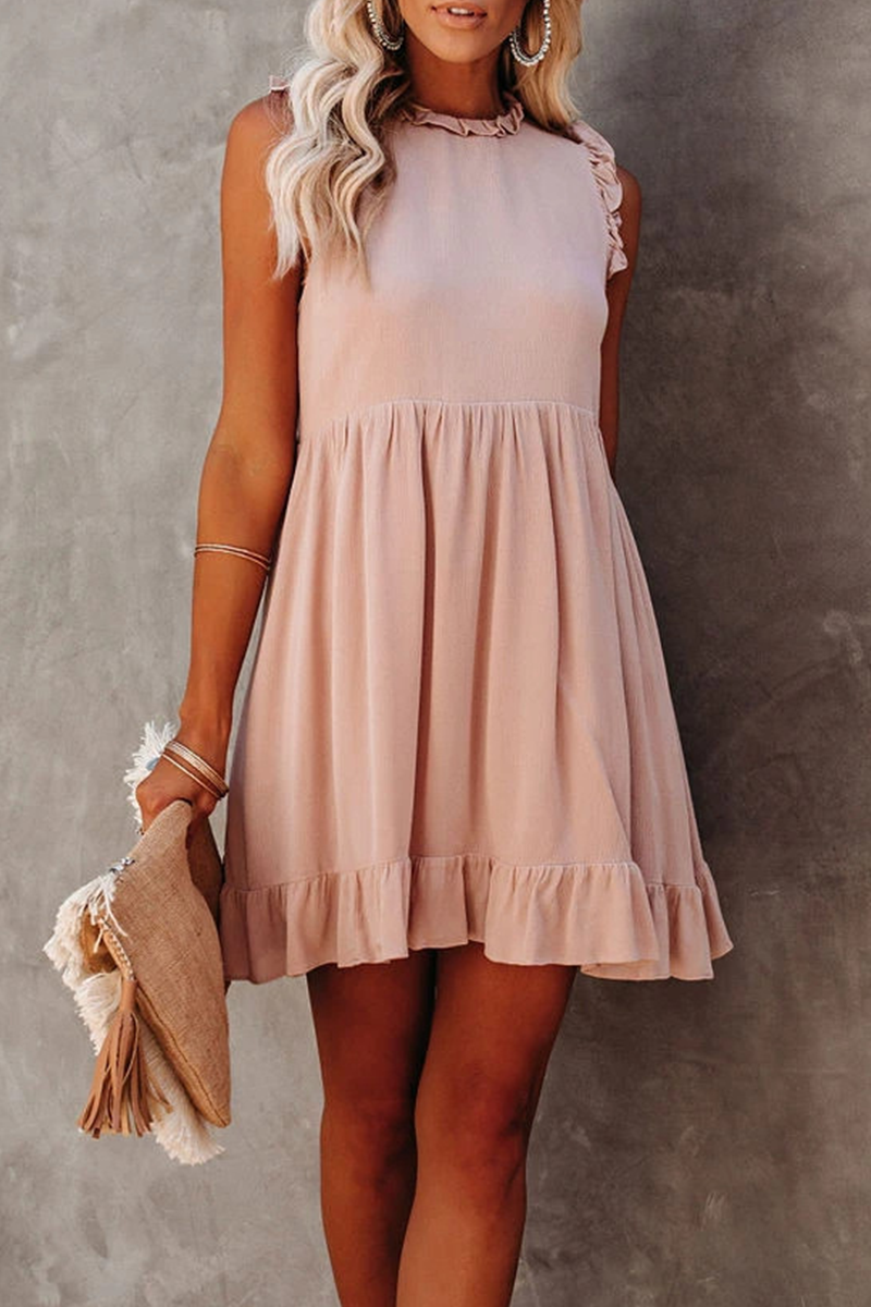 Kaynafashions - Casual Solid Flounce Half A Turtleneck Cake Skirt Dresses(3 colors)