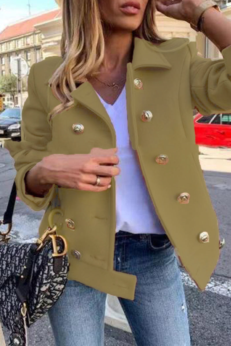 Kaynafashions - Casual Solid Patchwork Buckle Turndown Collar Outerwear(4 Colors)