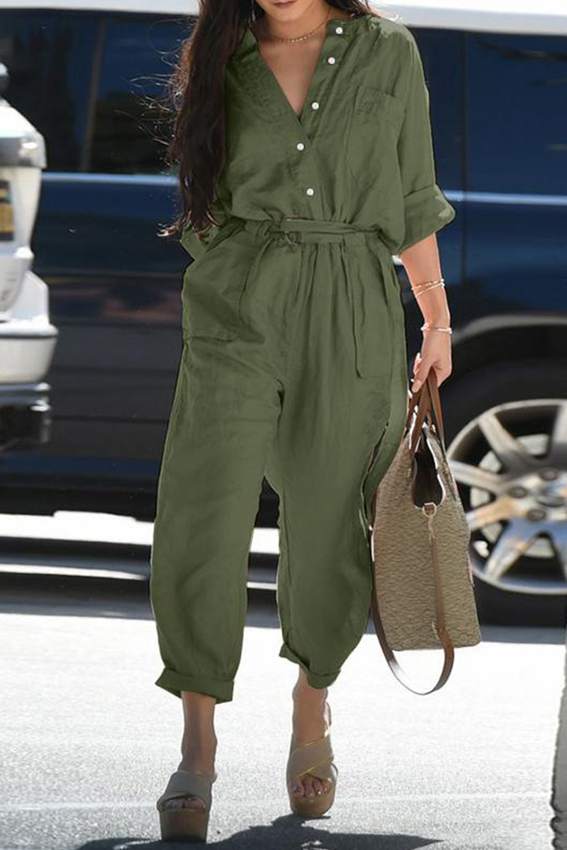 Kaynafashions - Casual Solid Patchwork V Neck Harlan Jumpsuits(3 Colors)