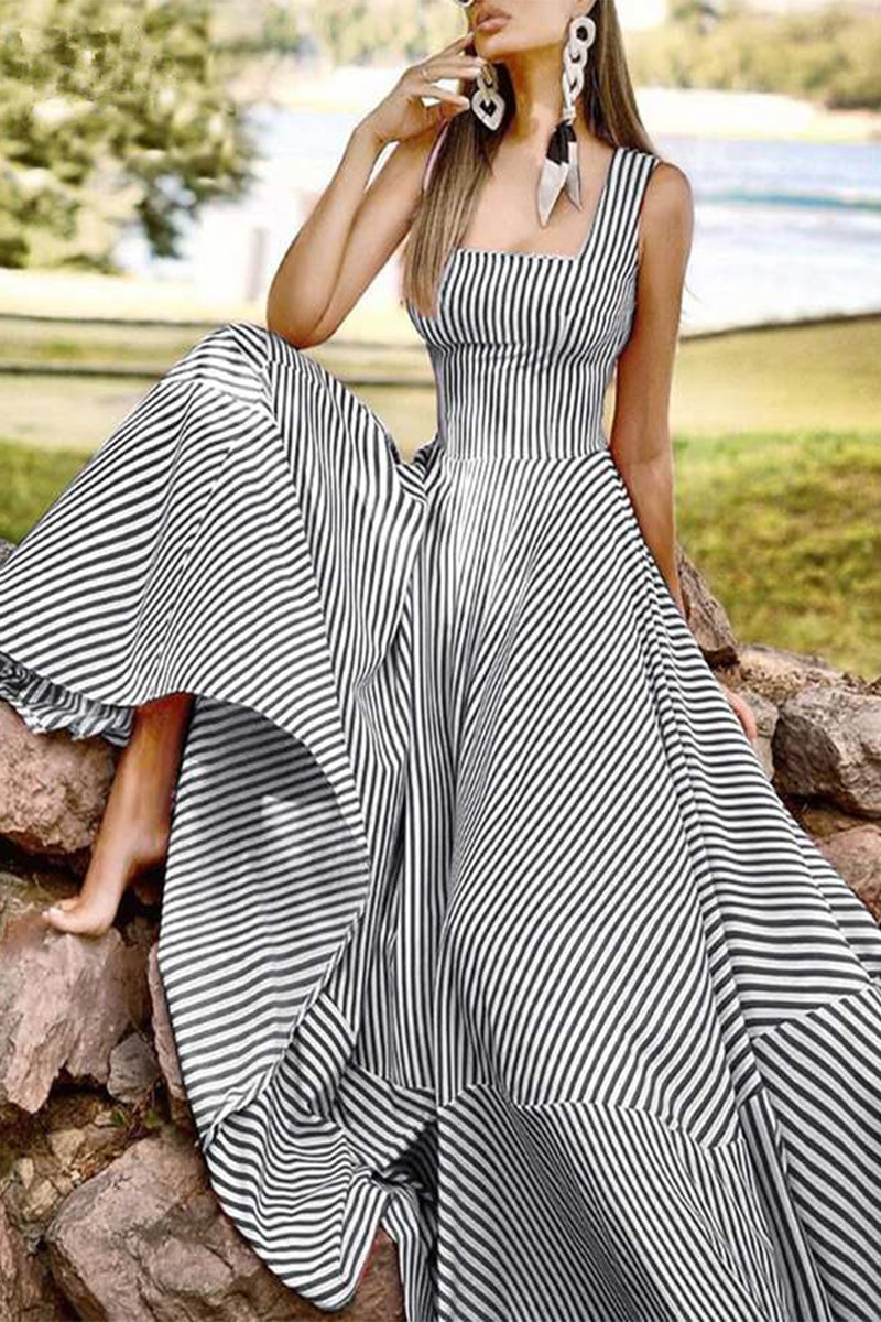 Kaynafashions - Elegant Striped Patchwork Square Collar Sleeveless Dress Dresses(3 Colors)