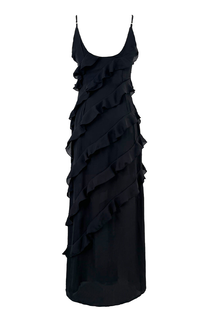 Kaynafashions - Sexy Celebrities Solid Flounce Slit V Neck Sling Dress Dresses