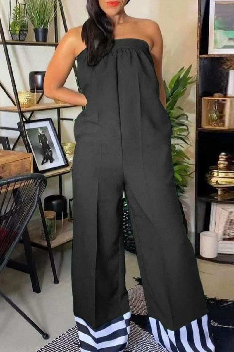 Kaynafashions - Casual Solid Patchwork Backless Strapless Regular Jumpsuits