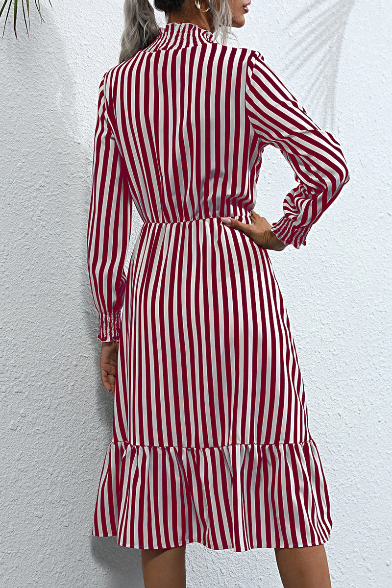 Kaynafashions - Sweet Elegant Striped Printing Stringy Selvedge Turtleneck A Line Dresses(4 Colors)
