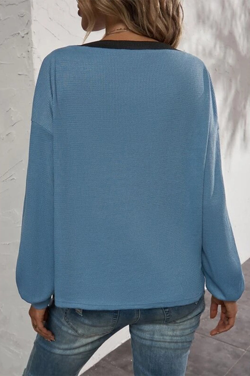 Kaynafashions - Casual Solid Patchwork Buttons V Neck T-Shirts(7 Colors)