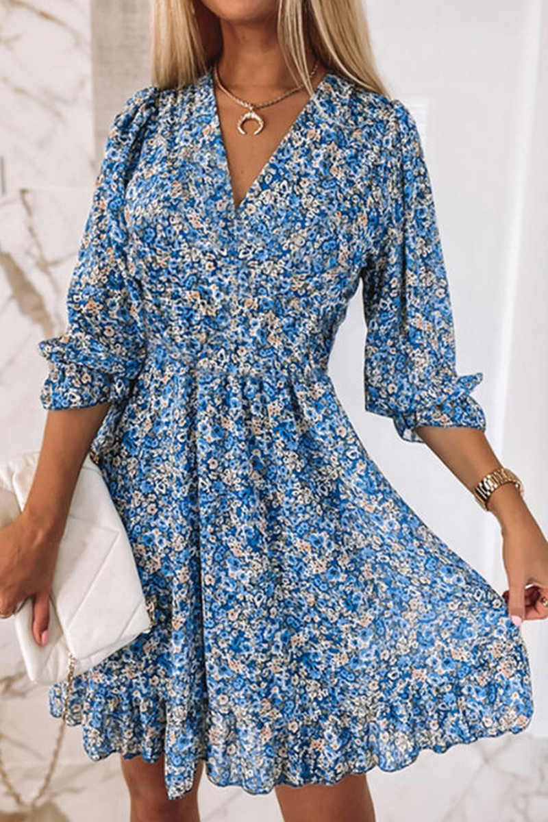 Kaynafashions - Casual Print Patchwork V Neck Waist Skirt Dresses(6 colors)