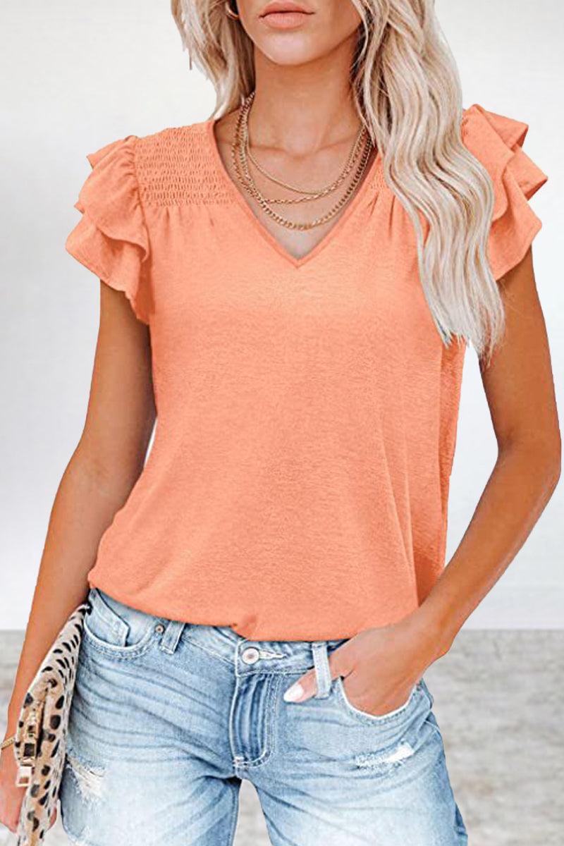 Kaynafashions - Casual Simplicity Solid Flounce V Neck T-Shirts(5 Colors)