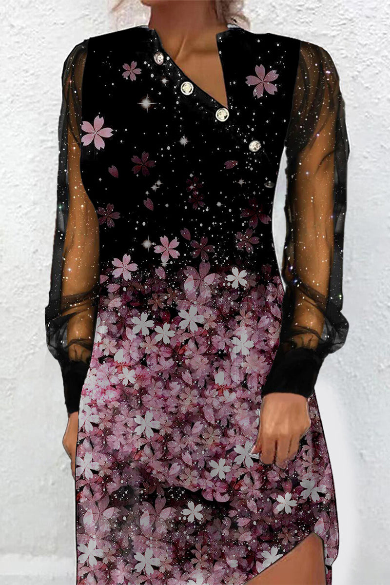 Kaynafashions - Elegant Print Patchwork Buttons Mesh V Neck Princess Dresses(6 Colors)