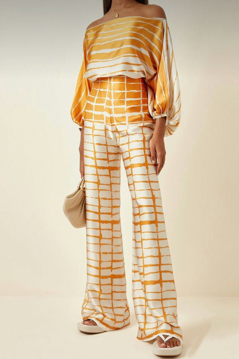 Kaynafashions - Casual Elegant Print Patchwork Off the Shoulder Long Sleeve Two Pieces(13 Colors)