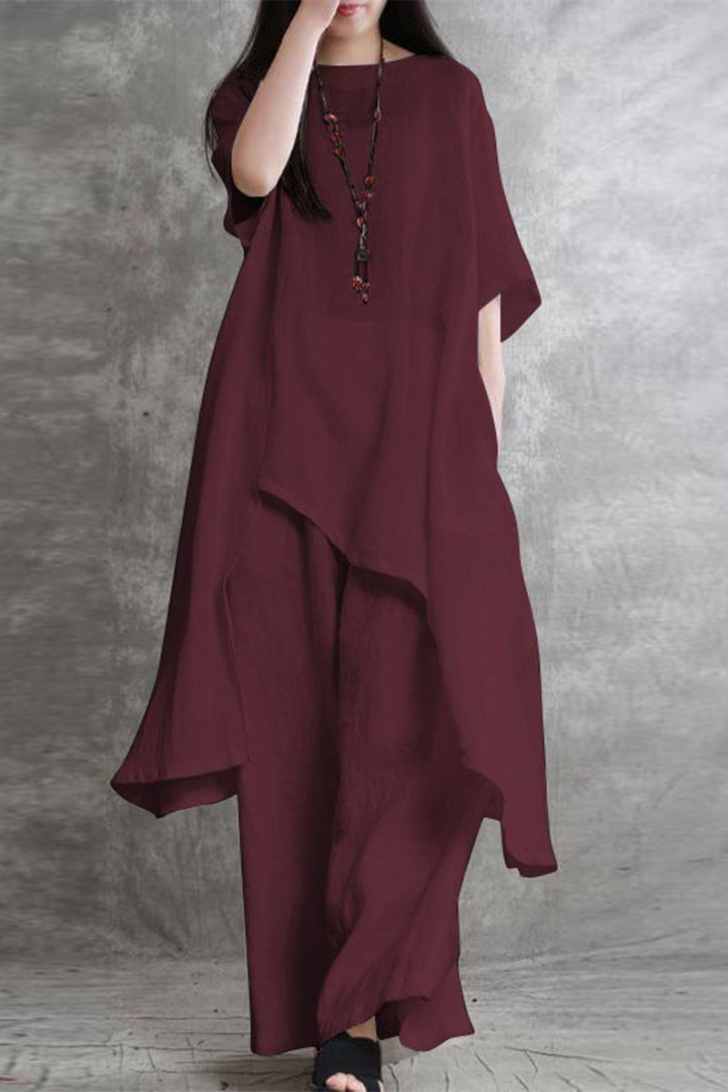 Kaynafashions - Casual Solid Pocket Asymmetrical O Neck Two Pieces