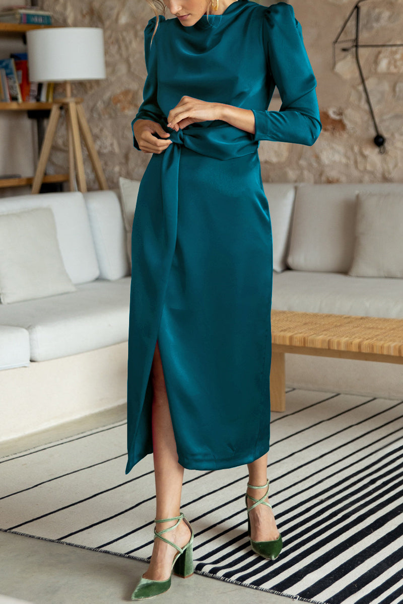 Kaynafashions - Celebrities Elegant Solid Slit Scarf Collar A Line Dresses