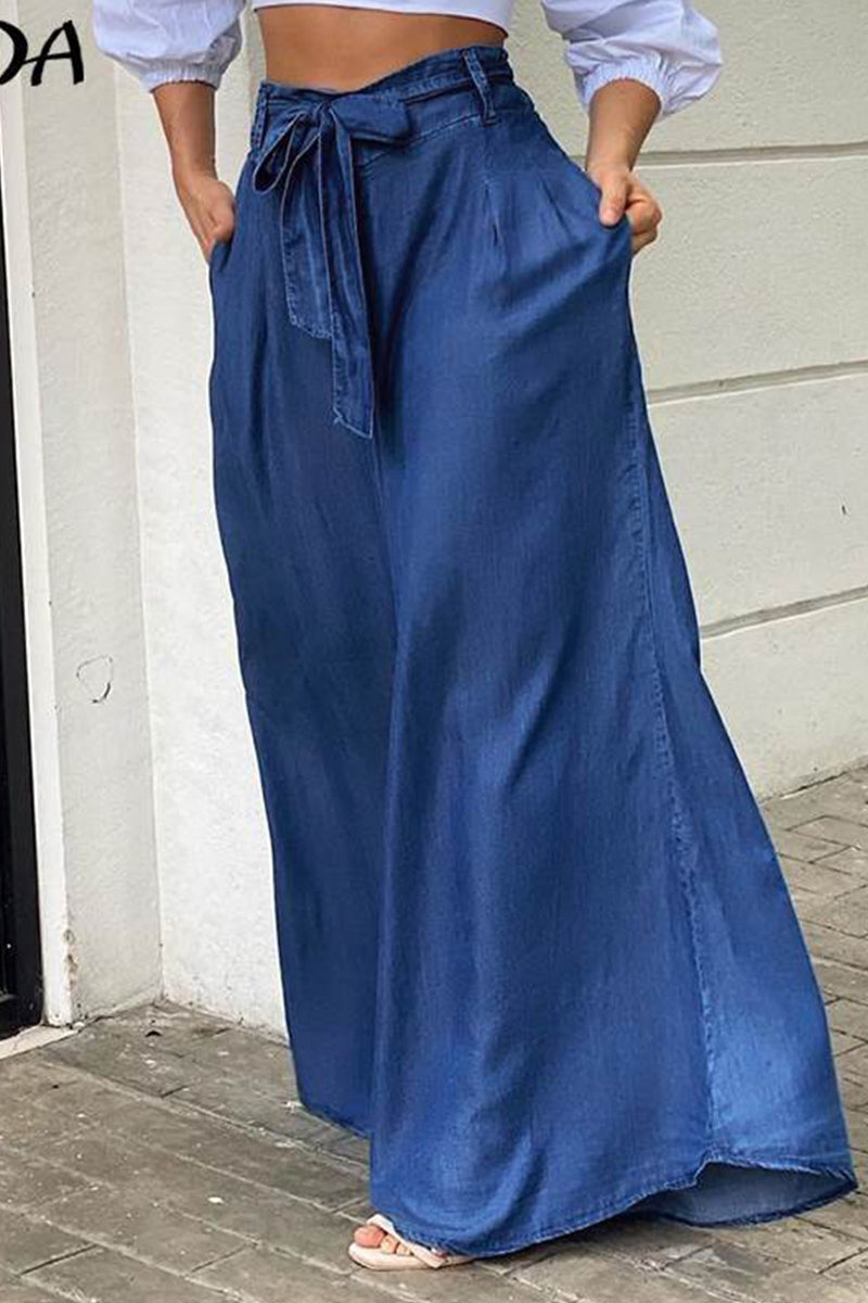 Kaynafashions - Elegant Solid Pocket Frenulum Loose High Waist Wide Leg Solid Color Bottoms