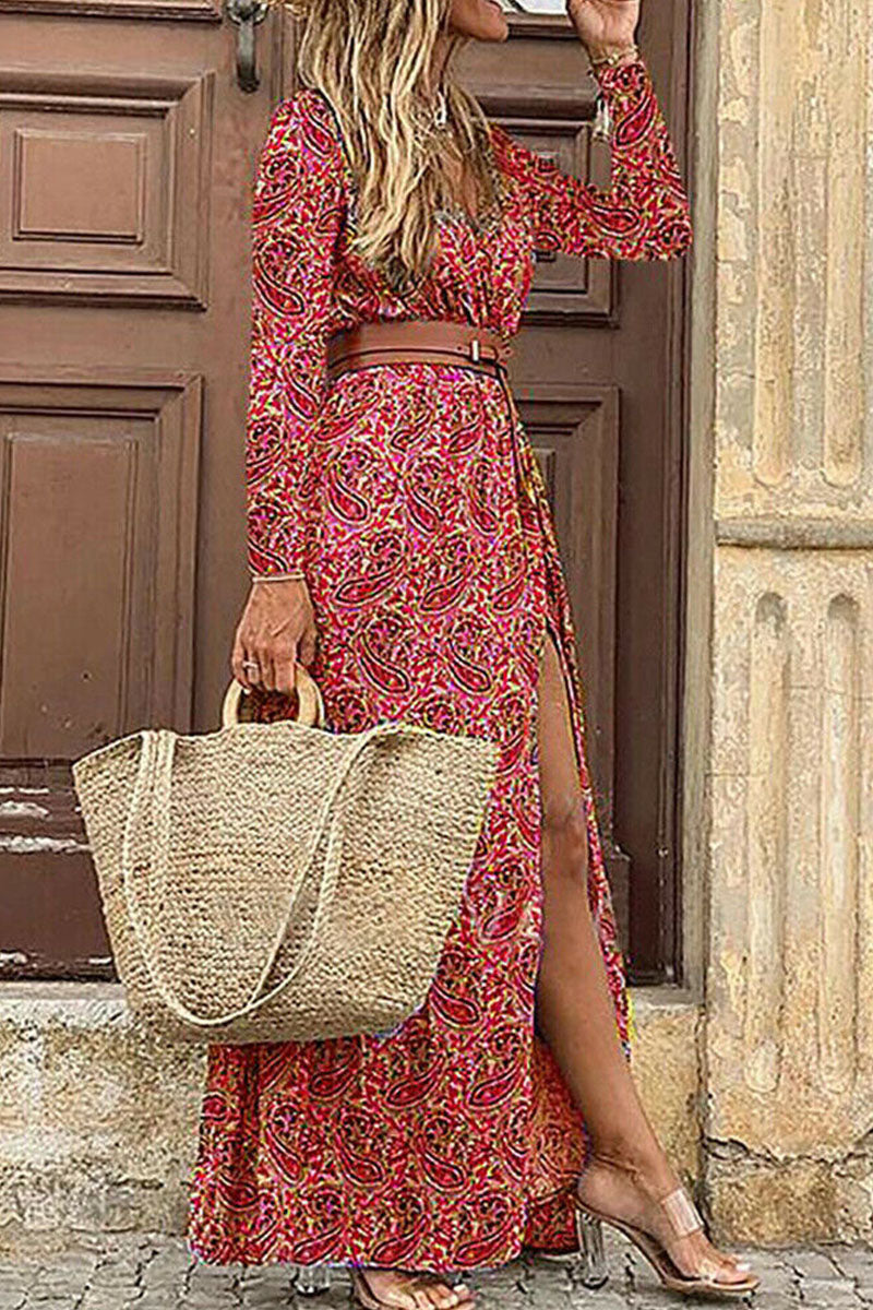 Kaynafashions - Fashion Bohemian Print With Belt V Neck Cake Skirt Dresses(3 Colors)