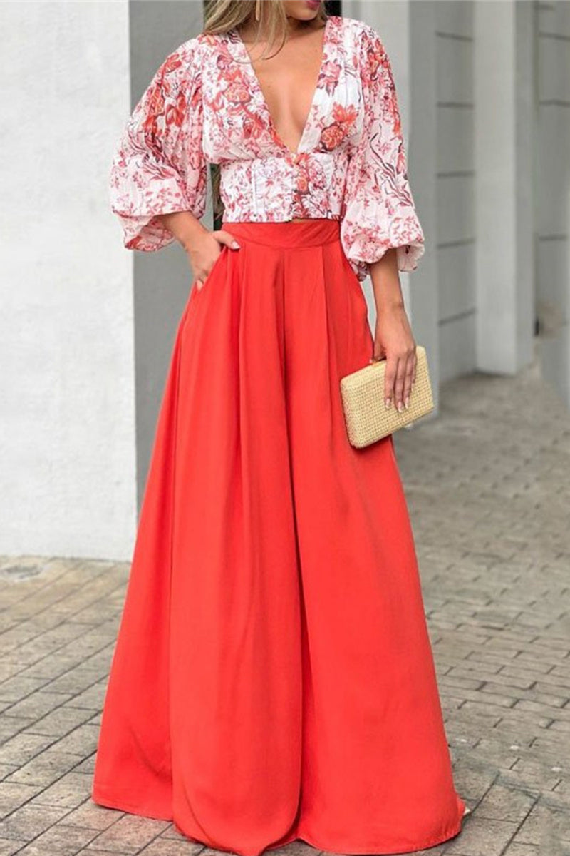 Kaynafashions - Casual Street Print Patchwork V Neck Long Sleeve Two Pieces(5 Colors)