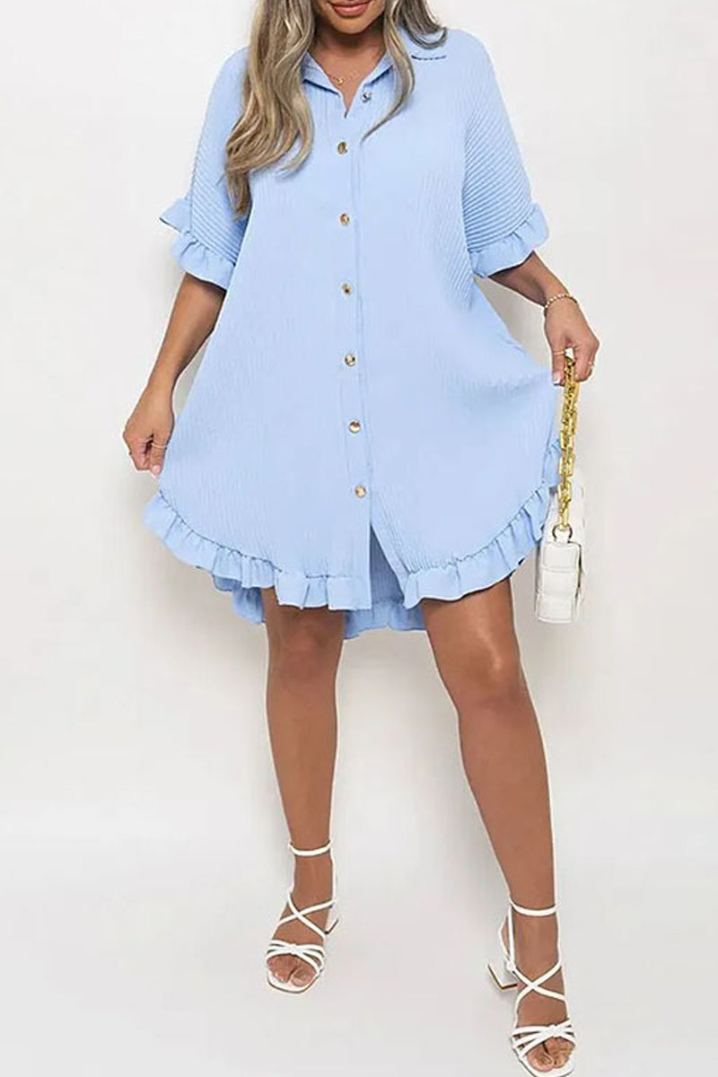 Kaynafashions - Casual Solid Patchwork Turndown Collar Shirt Dress Dresses