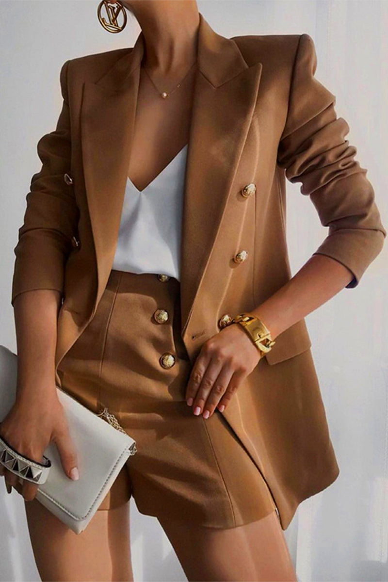 Kaynafashions - Work Elegant Solid Buttons Turn-back Collar Long Sleeve Two Pieces