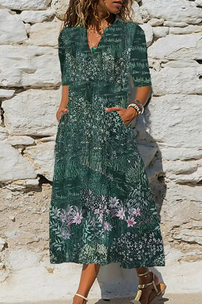 Kaynafashions - Casual Print Pocket V Neck A Line Dresses