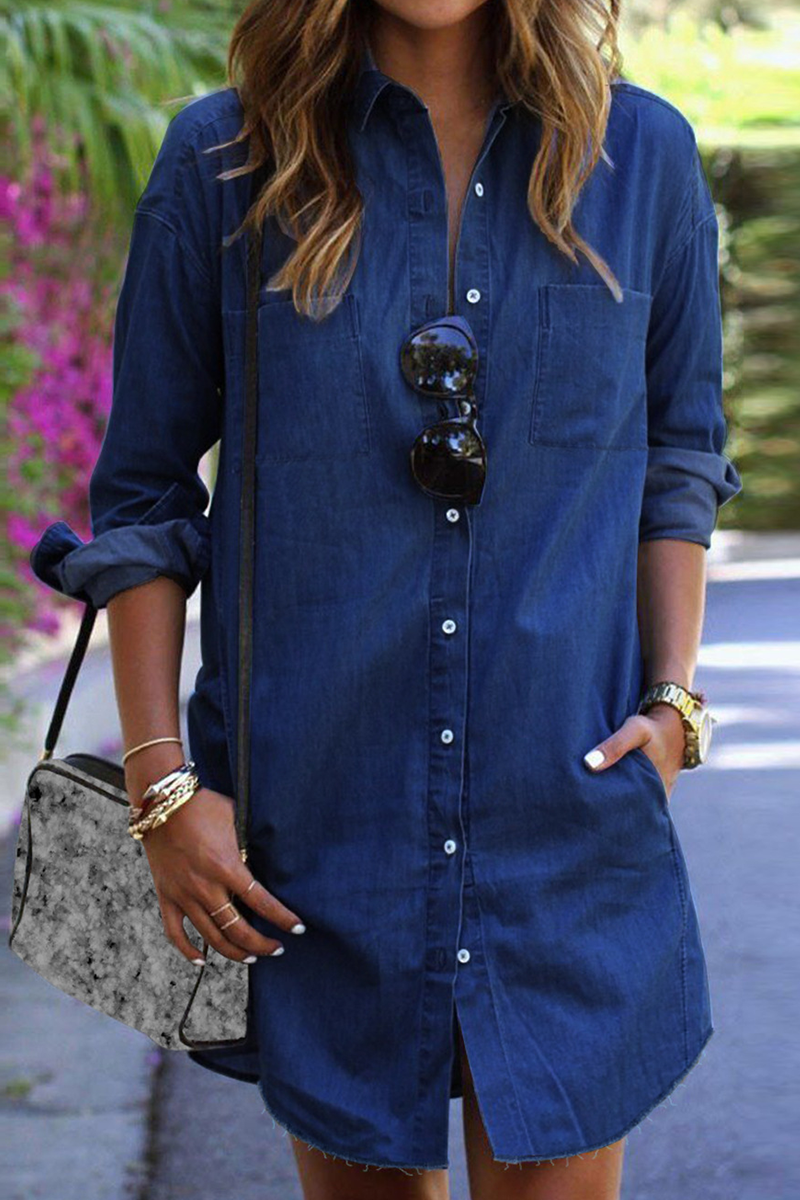 Kaynafashions - Casual Solid Patchwork Turndown Collar Shirt Dress Dresses(4 colors)