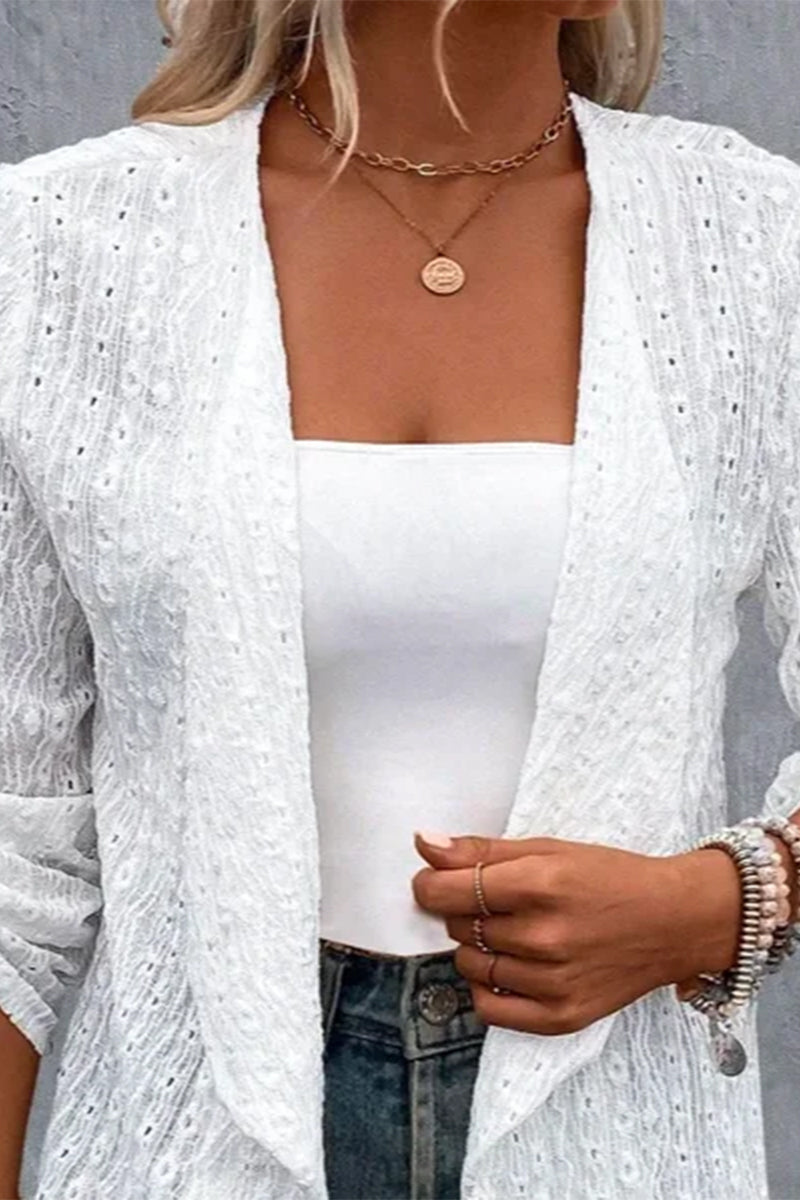 Kaynafashions - Simplicity Solid Hollowed Out Cardigan Collar Outerwear