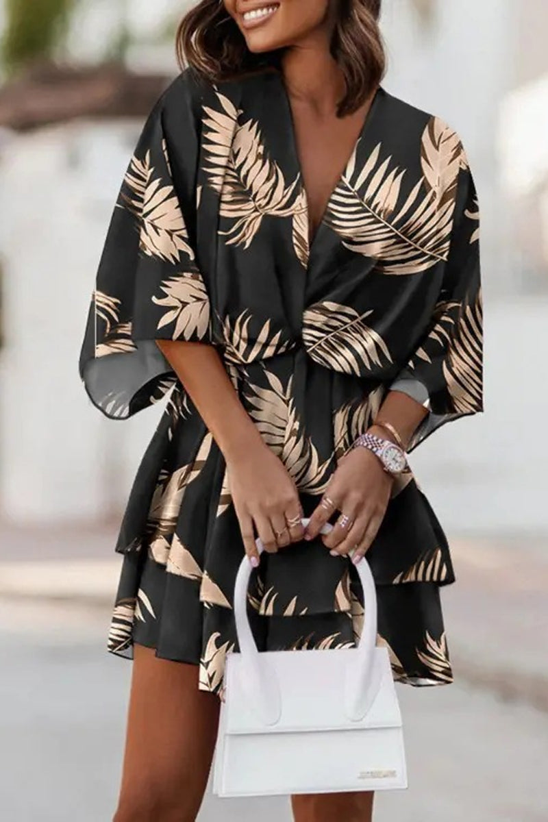 Kaynafashions - Sweet Elegant Floral Patchwork V Neck Pleated Dresses(9 Colors)