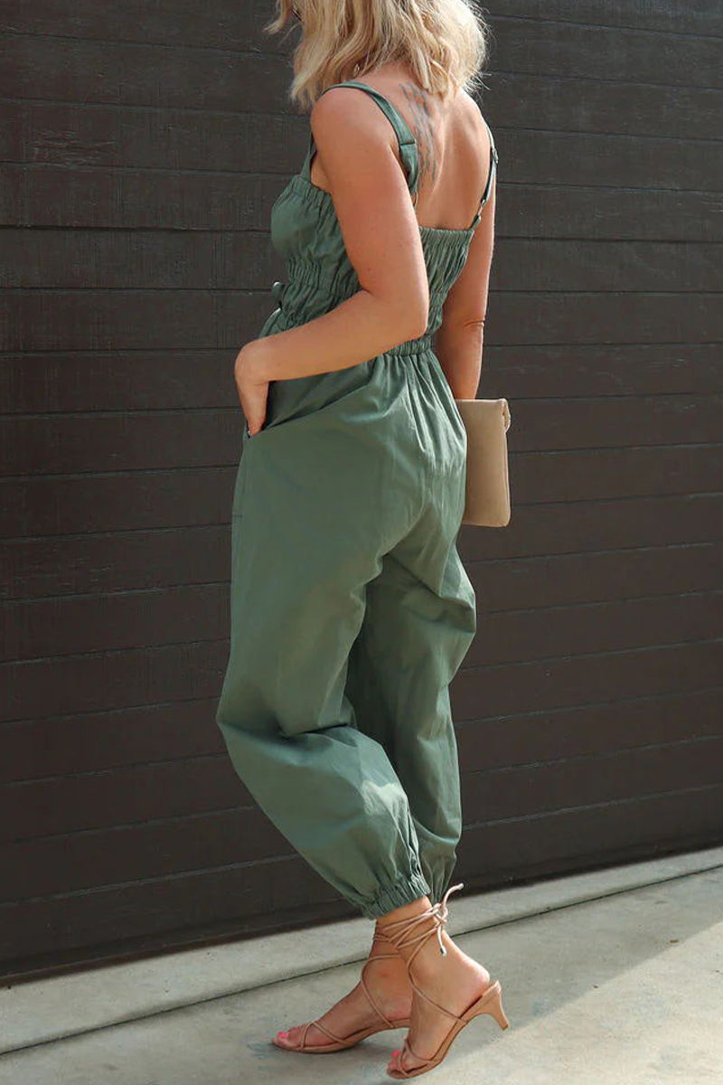 Kaynafashions - Casual Street Solid Pocket Zipper Square Collar Regular Jumpsuits