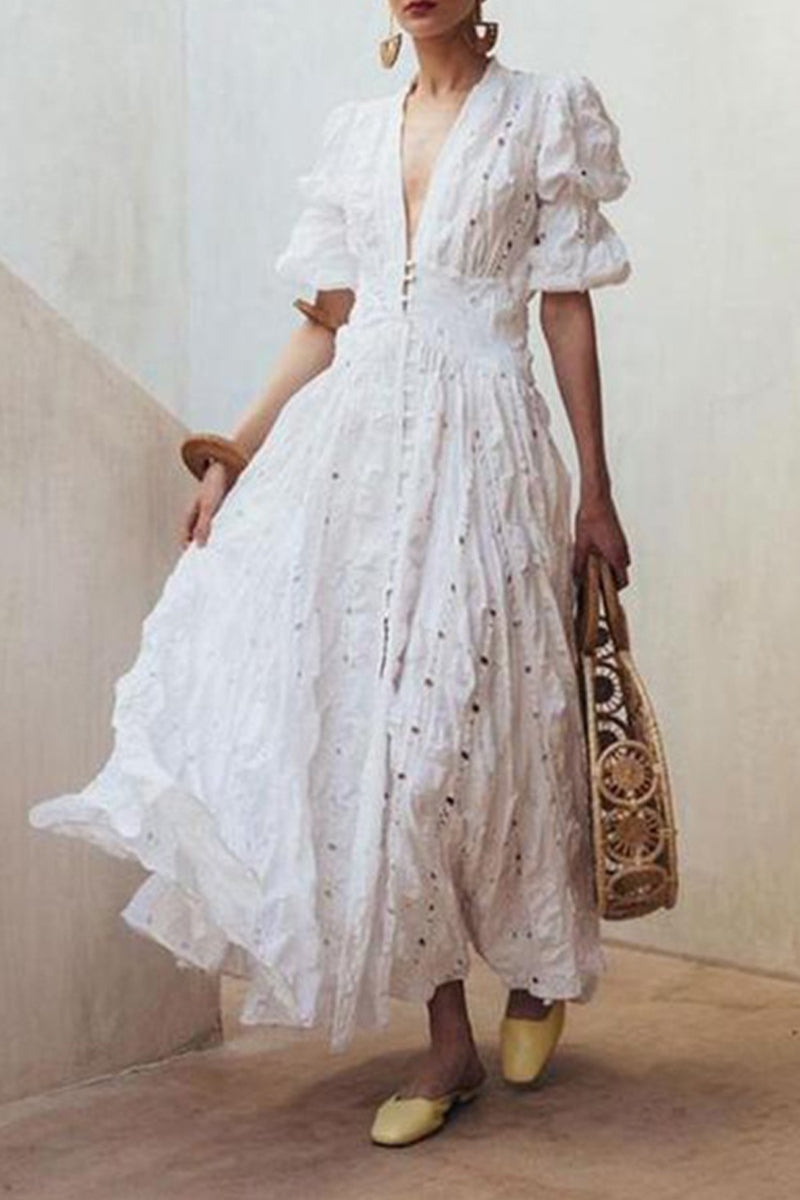 Kaynafashions - Elegant Solid Lace V Neck Waist Skirt Dresses