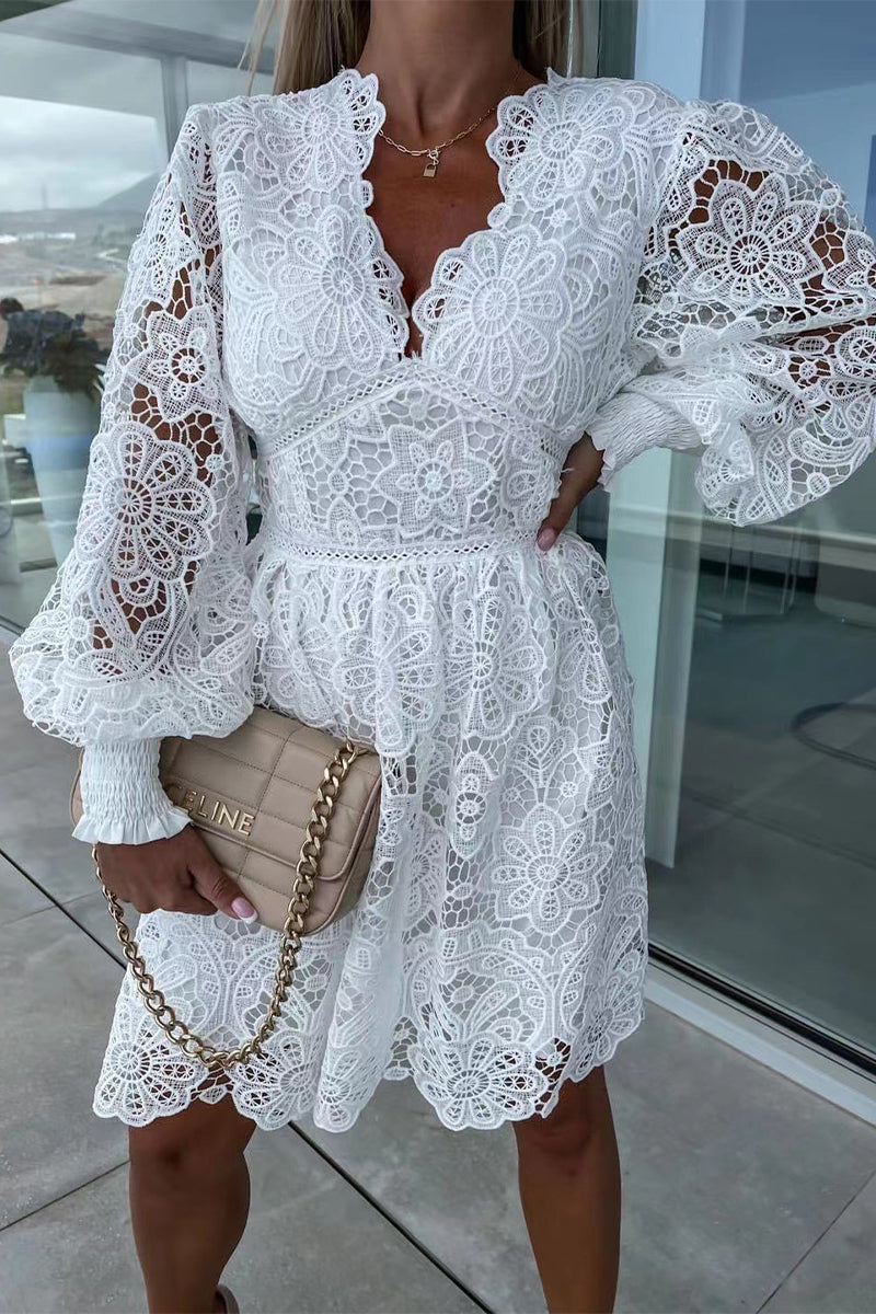 Kaynafashions - Sexy Celebrities Solid Lace Embroidered V Neck A Line Dresses