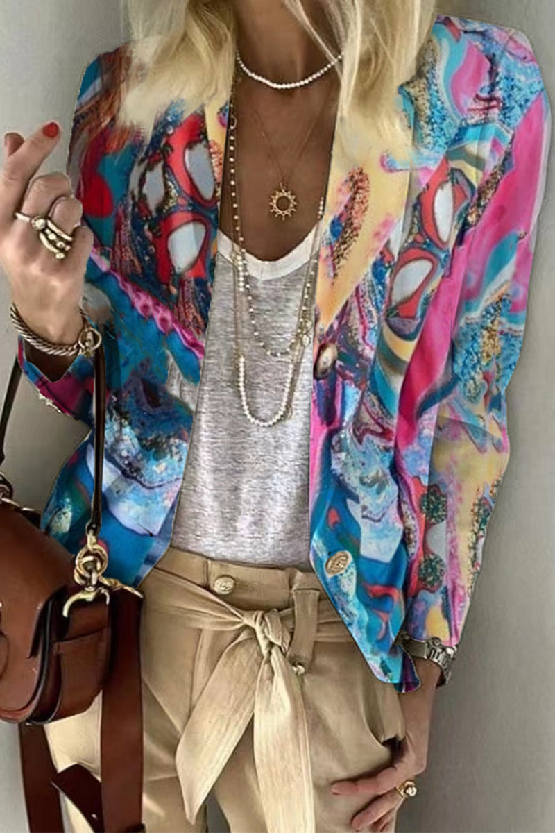 Kaynafashions - Casual Print Patchwork Turn-back Collar Outerwear