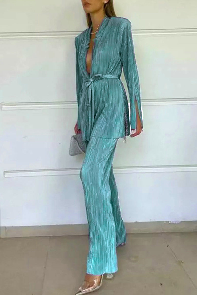 Kaynafashions - Casual Solid Fold V Neck Long Sleeve Two Pieces