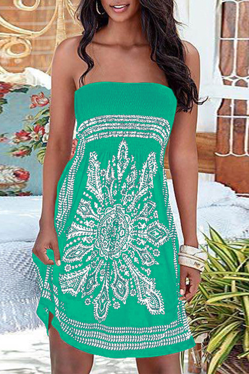 Kaynafashions - Vintage Print Patchwork Strapless Straight Dresses(6 colors)