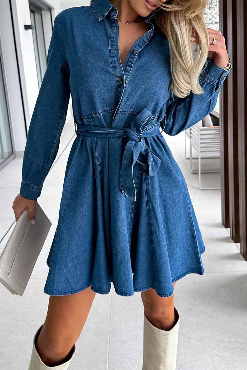 Kaynafashions - Casual Solid Turndown Collar A Line Dresses