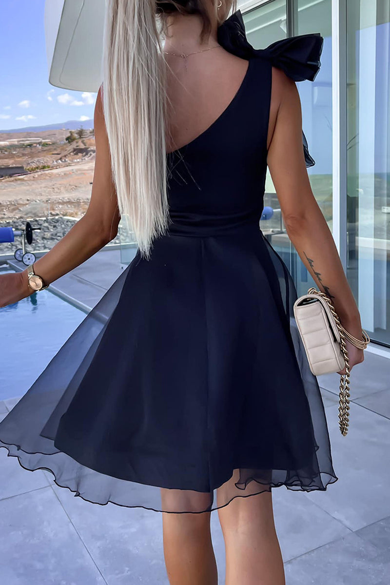 Kaynafashions - Elegant Solid Mesh Oblique Collar A Line Dresses