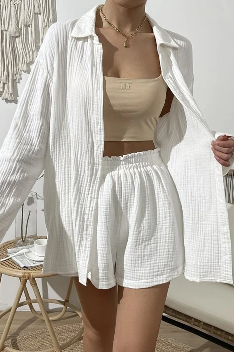 Kaynafashions - Casual Simplicity Solid Fold Turndown Collar Long Sleeve Two Pieces