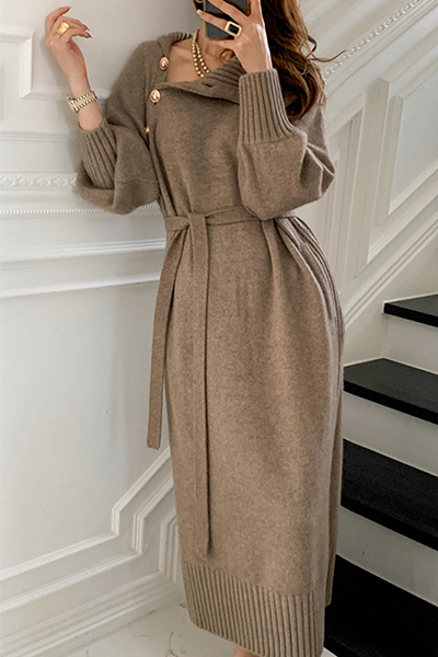 Kaynafashions - Casual Elegant Solid Buckle With Belt Turtleneck Dresses