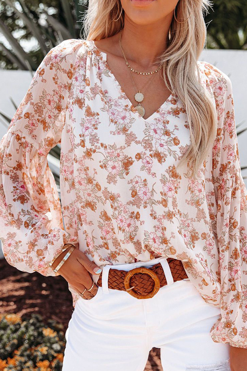 Kaynafashions - Casual Print Patchwork V Neck Tops(4 Colors)