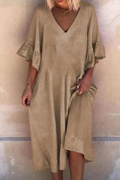 Kaynafashions - Casual Solid Patchwork Flounce V Neck Dresses