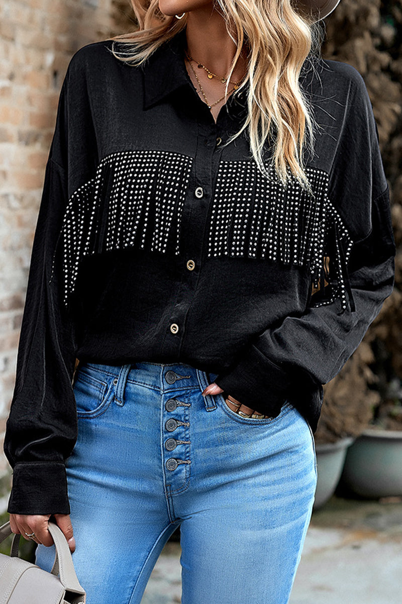 Kaynafashions - Casual Solid Tassel Shirt Collar Tops