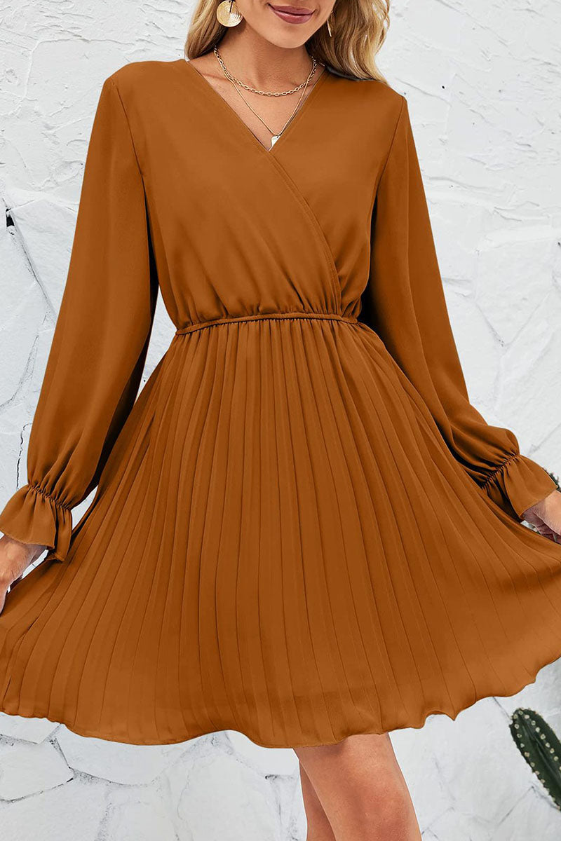 Kaynafashions - Sweet Patchwork Frenulum Fold V Neck Pleated Dresses(5 Colors)