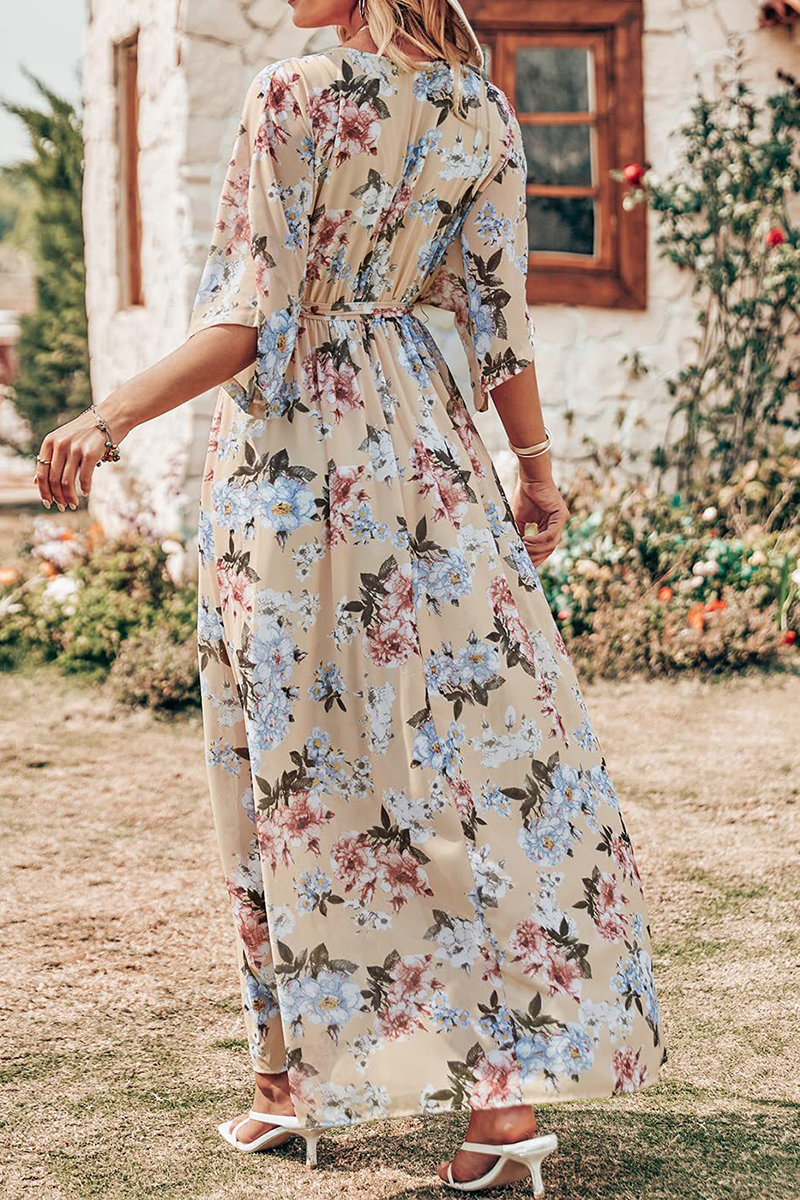 Kaynafashions - Casual Print Patchwork V Neck Waist Skirt Dresses(7 Colors)