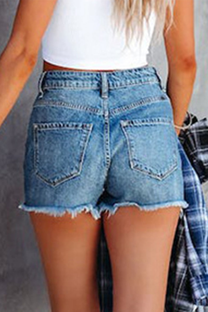 Kaynafashions - Casual Solid Ripped Regular Denim Shorts