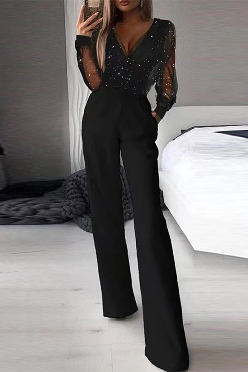 Kaynafashions - Sexy Elegant Patchwork Patchwork V Neck Straight Jumpsuits