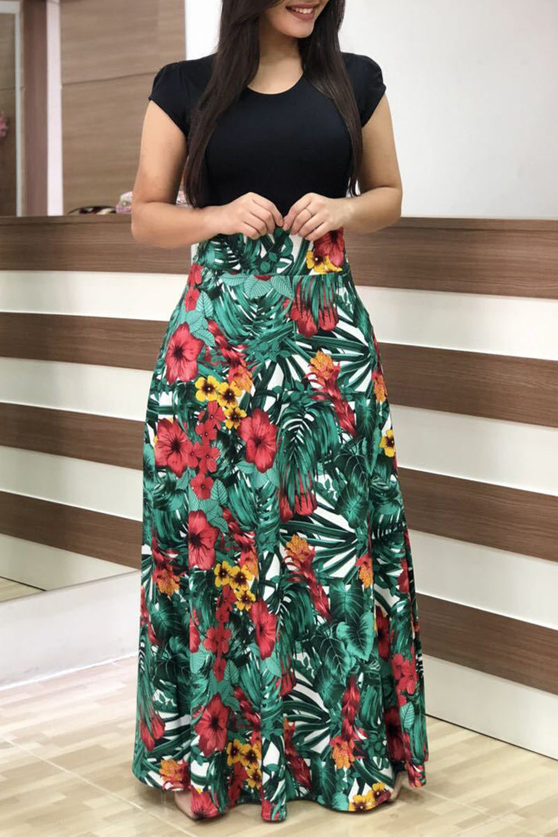 Kaynafashions - Casual Bohemian Print Solid Patchwork O Neck Short Sleeve Dress Dresses(12 Colors)