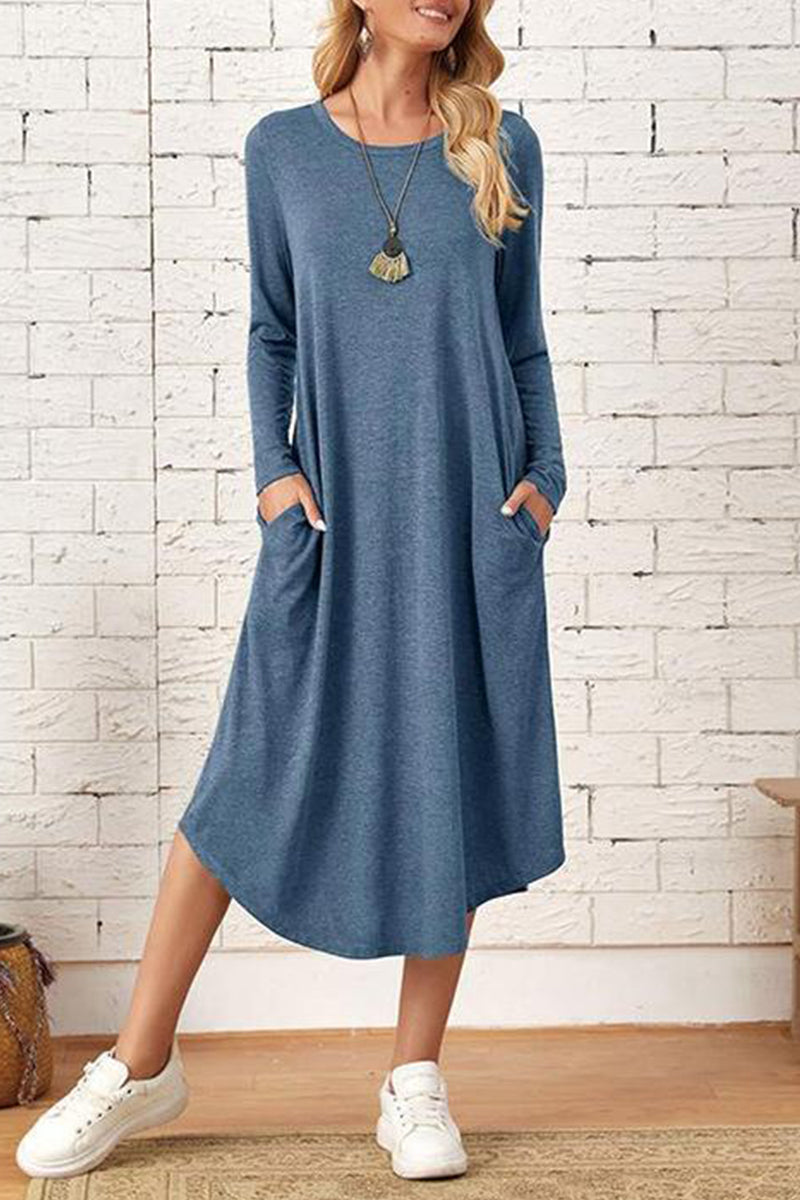 Kaynafashions - Casual Simplicity Solid Pocket O Neck Long Sleeve Dresses(6 Colors)