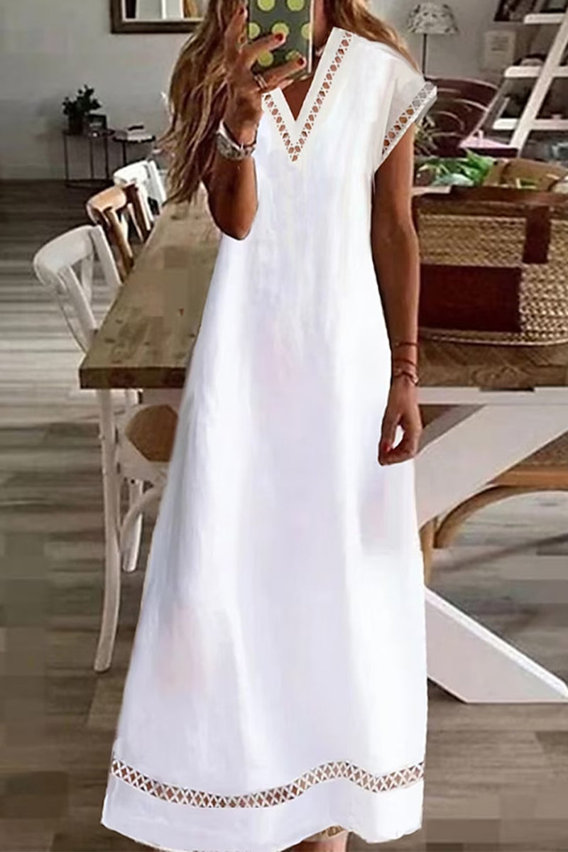 Kaynafashions - Casual Solid Patchwork V Neck A Line Short Sleeve Dress