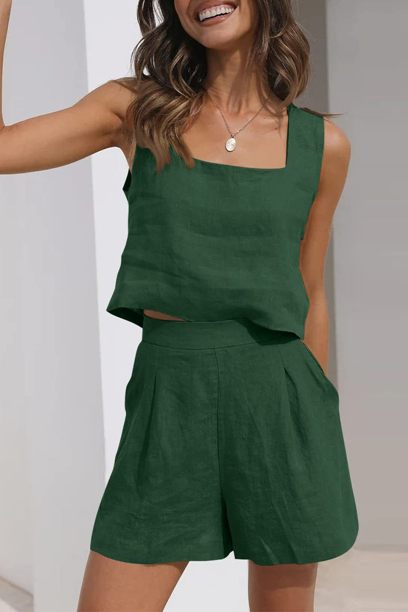 Kaynafashions - Casual Simplicity Solid Pocket Square Collar Sleeveless Two Pieces(16 Colors)