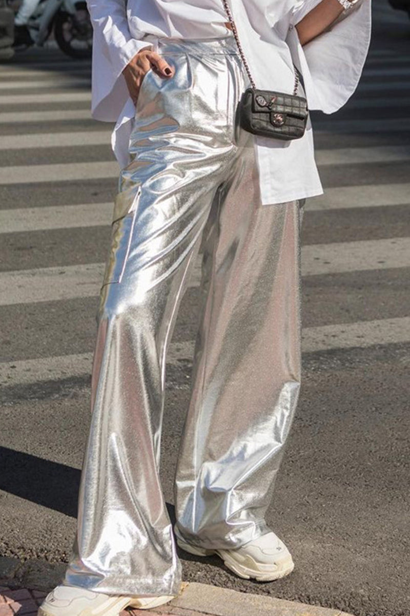 Kaynafashions - Street Solid Pocket Loose High Waist Wide Leg Solid Color Bottoms