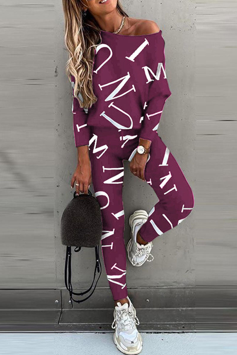 Kaynafashions - Fashion Casual Letter Oblique Collar Long Sleeve Two Pieces